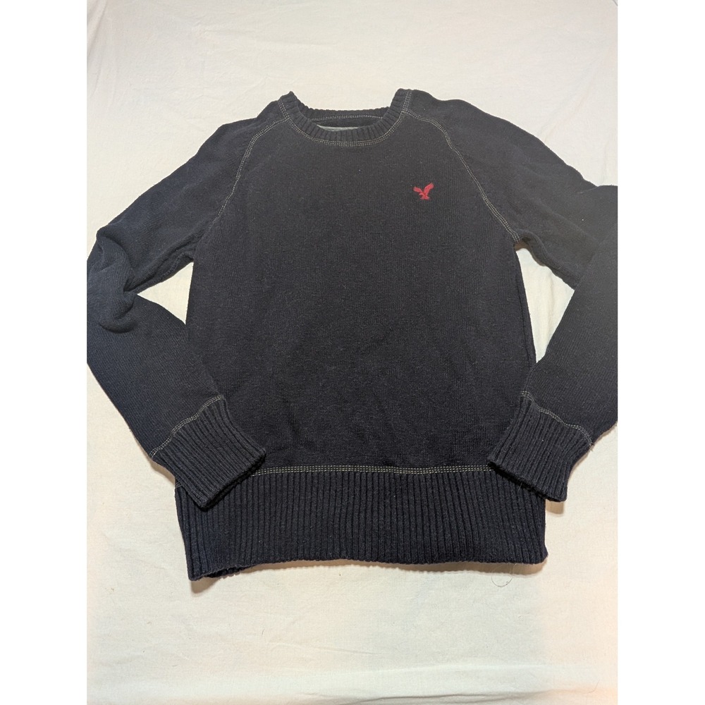 American Eagle Mens Navy Blue Cotton Crewneck Sweater Red Eagle Logo Small